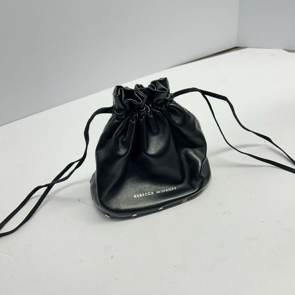 Rebecca Minkoff Black Faux Leather Drawstring Cosmetic Pouch Studded Base